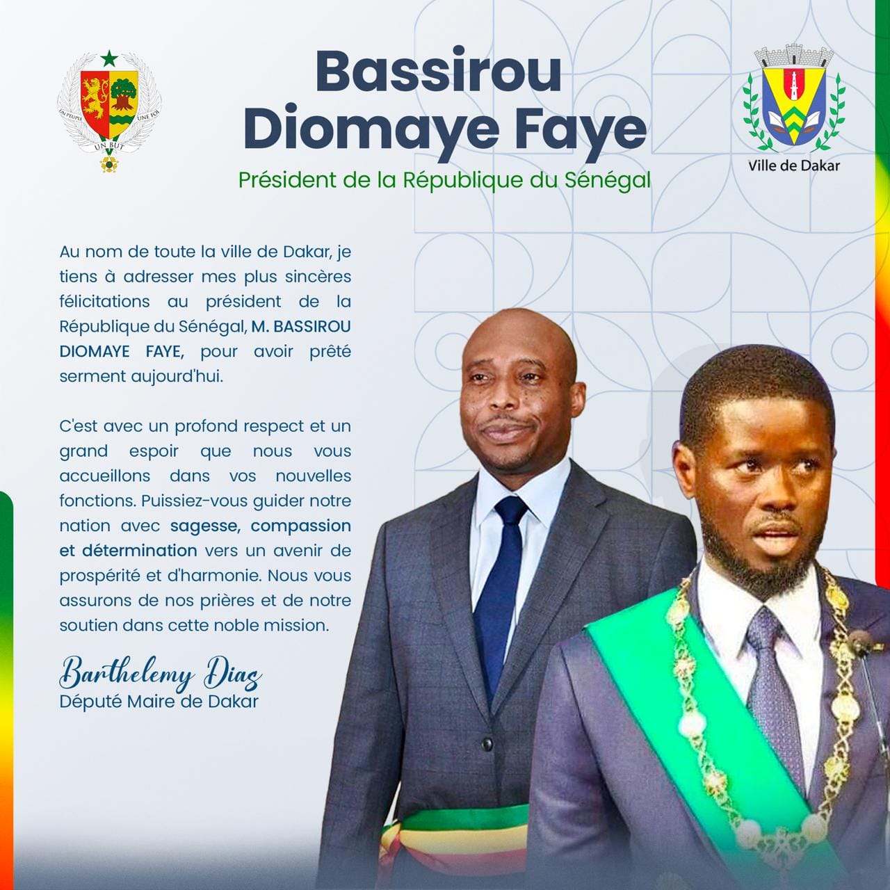 Barthélémy Dias adresse ses voeux de succès à Pr Bassirou Diomaye Diakhar Faye après sa prestation de serment